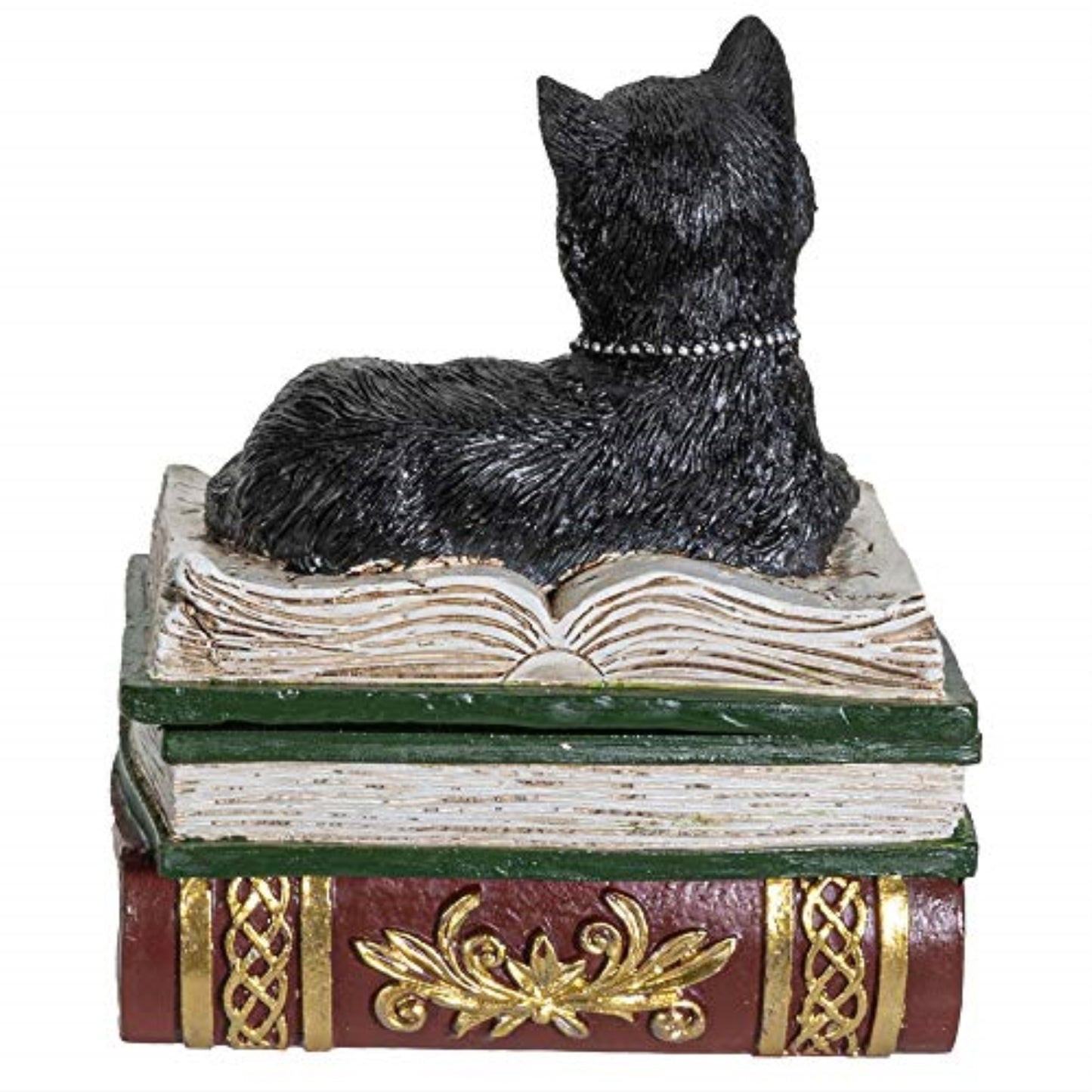 Magic Wiccan Black Cat on Stack of Books Resin Trinket Jewelry Keepsake Box 4.75 inch