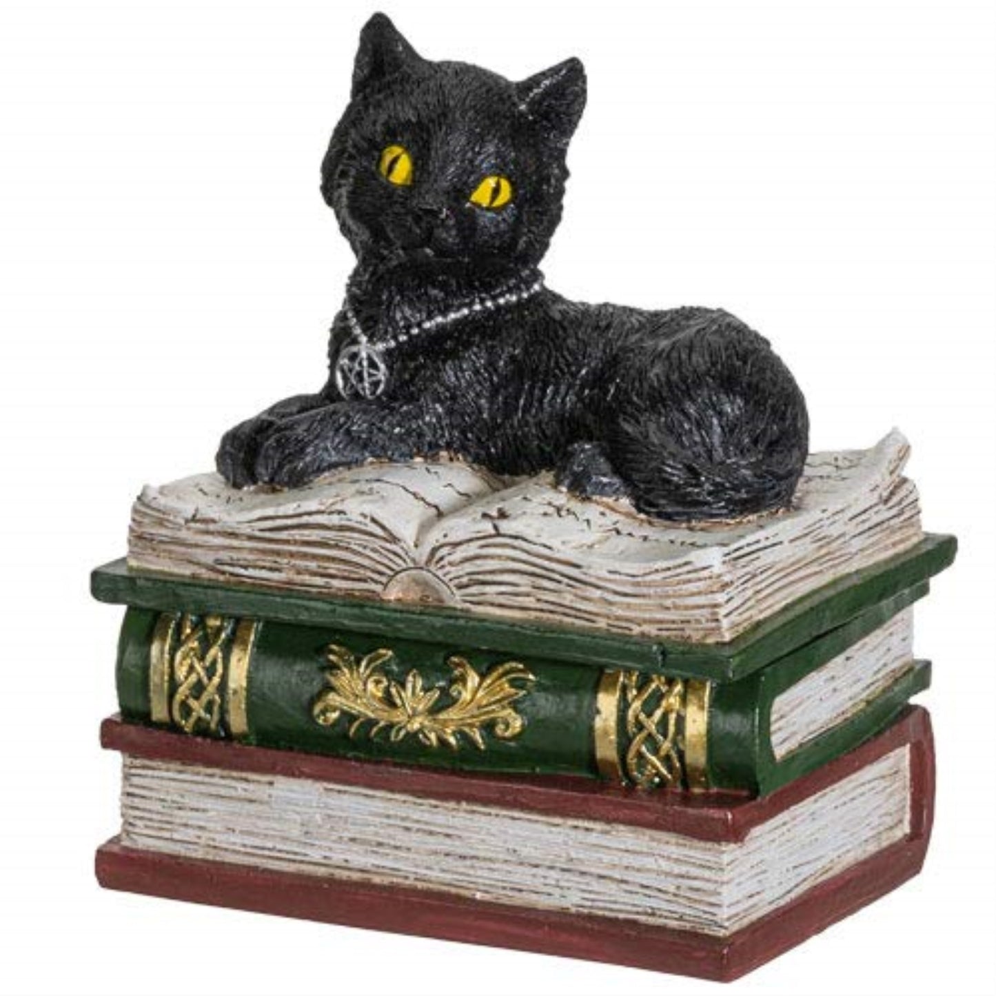 Magic Wiccan Black Cat on Stack of Books Resin Trinket Jewelry Keepsake Box 4.75 inch