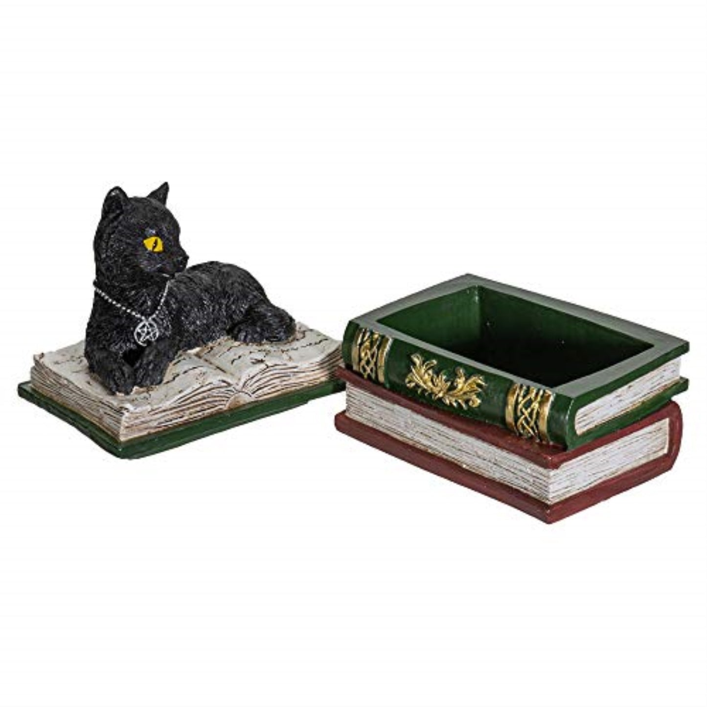 Magic Wiccan Black Cat on Stack of Books Resin Trinket Jewelry Keepsake Box 4.75 inch