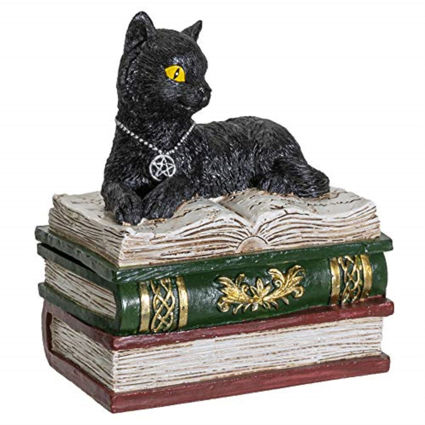 Magic Wiccan Black Cat on Stack of Books Resin Trinket Jewelry Keepsake Box 4.75 inch