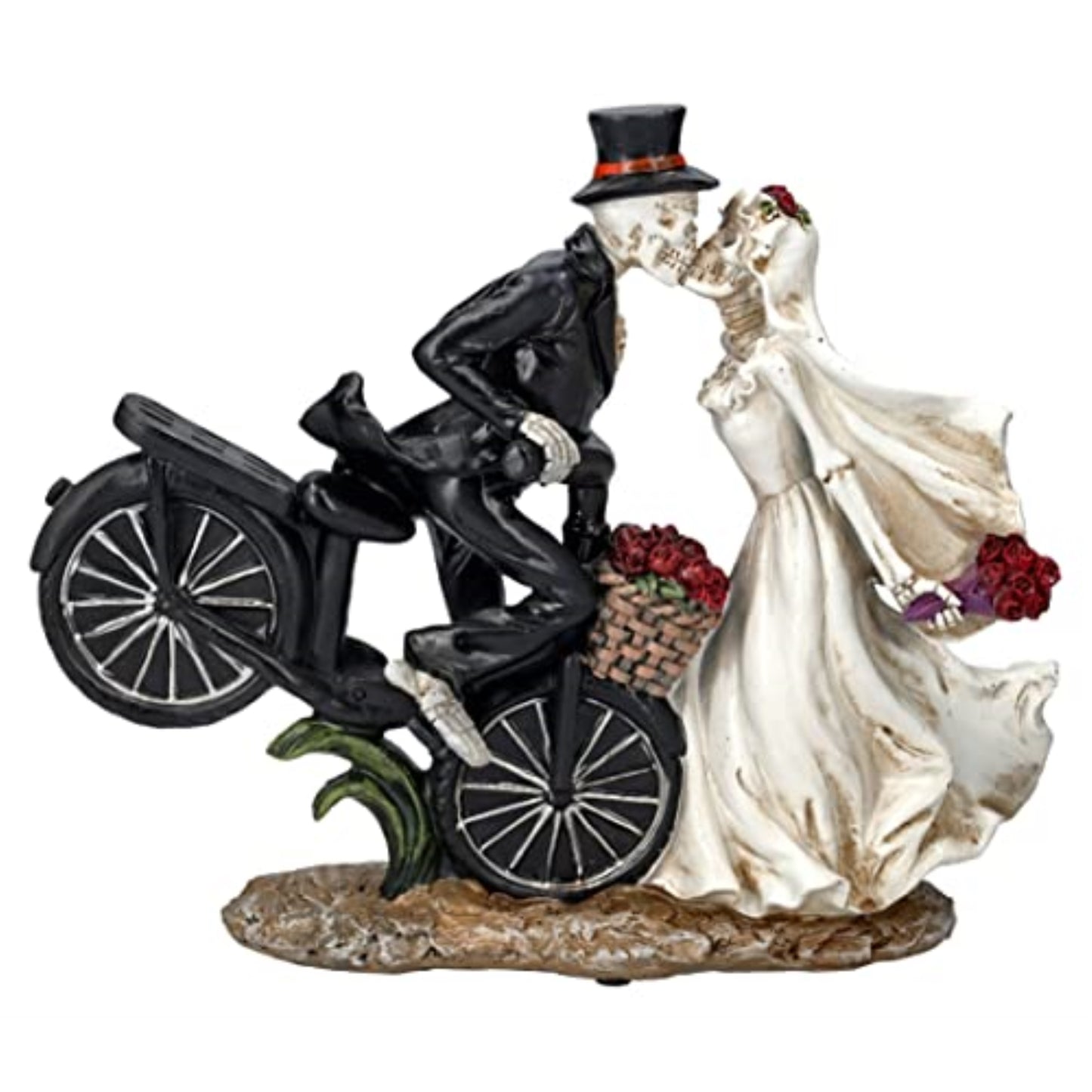 Love Never Dies Newly Wed Skeleton Couple Kissing Rose Basket Bike Statue 12.2 inch Tall