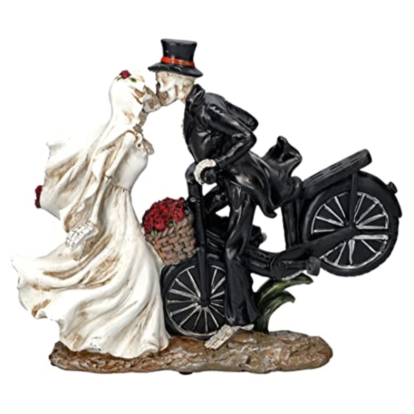 Love Never Dies Newly Wed Skeleton Couple Kissing Rose Basket Bike Statue 12.2 inch Tall