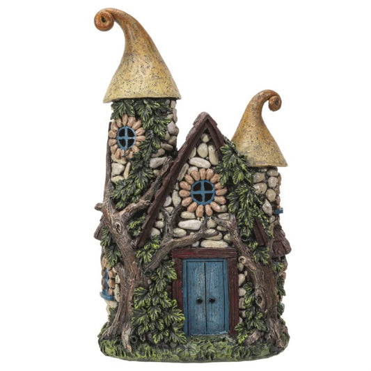 Fairy Garden House Decoration Statue with LED Lights Enchanted Stone Cottage with Blue Door and Twin Spires 10.25 inch