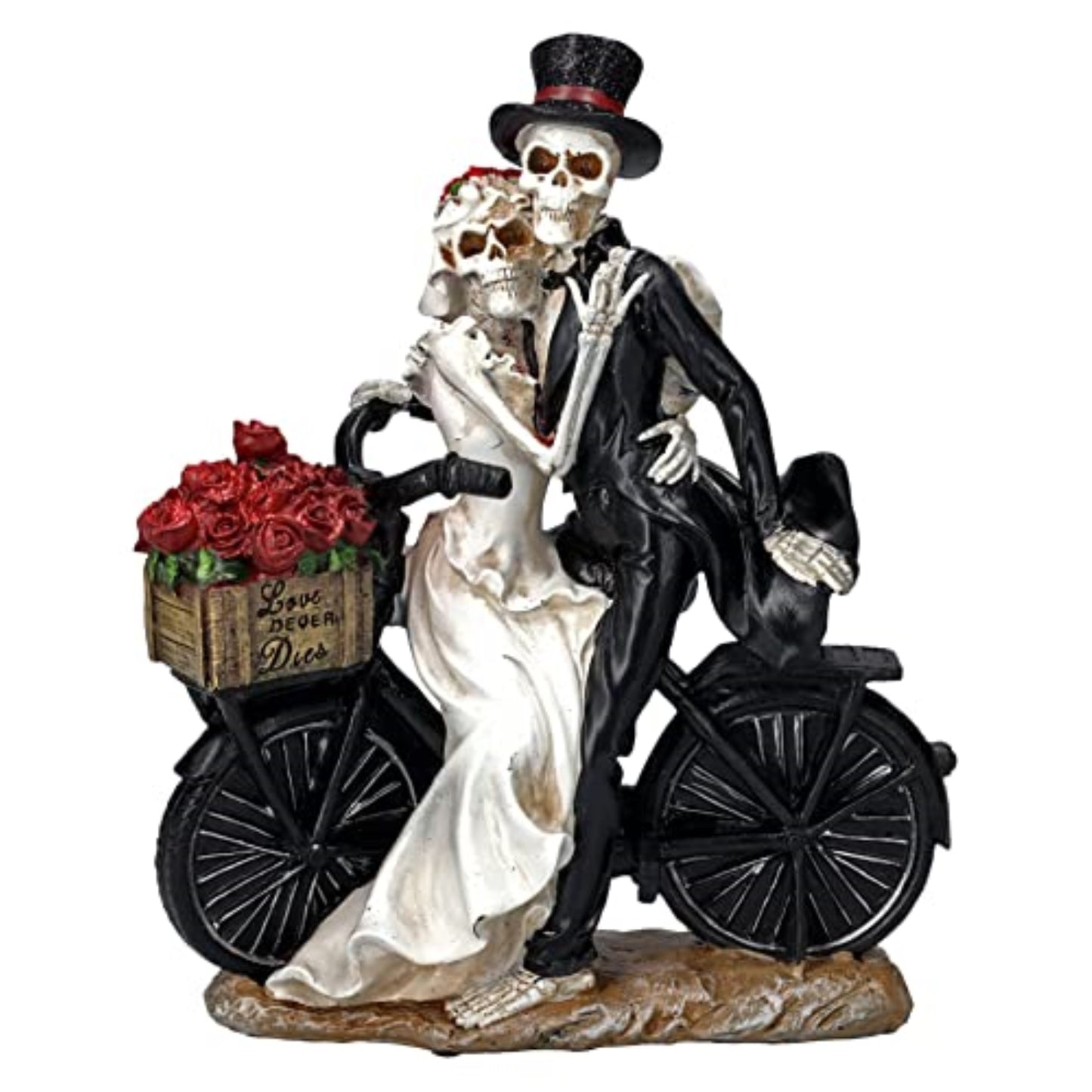 Love Never Dies Newly Wed Skeleton Couple Rose Basket Bike Statue 12.2 inches Tall
