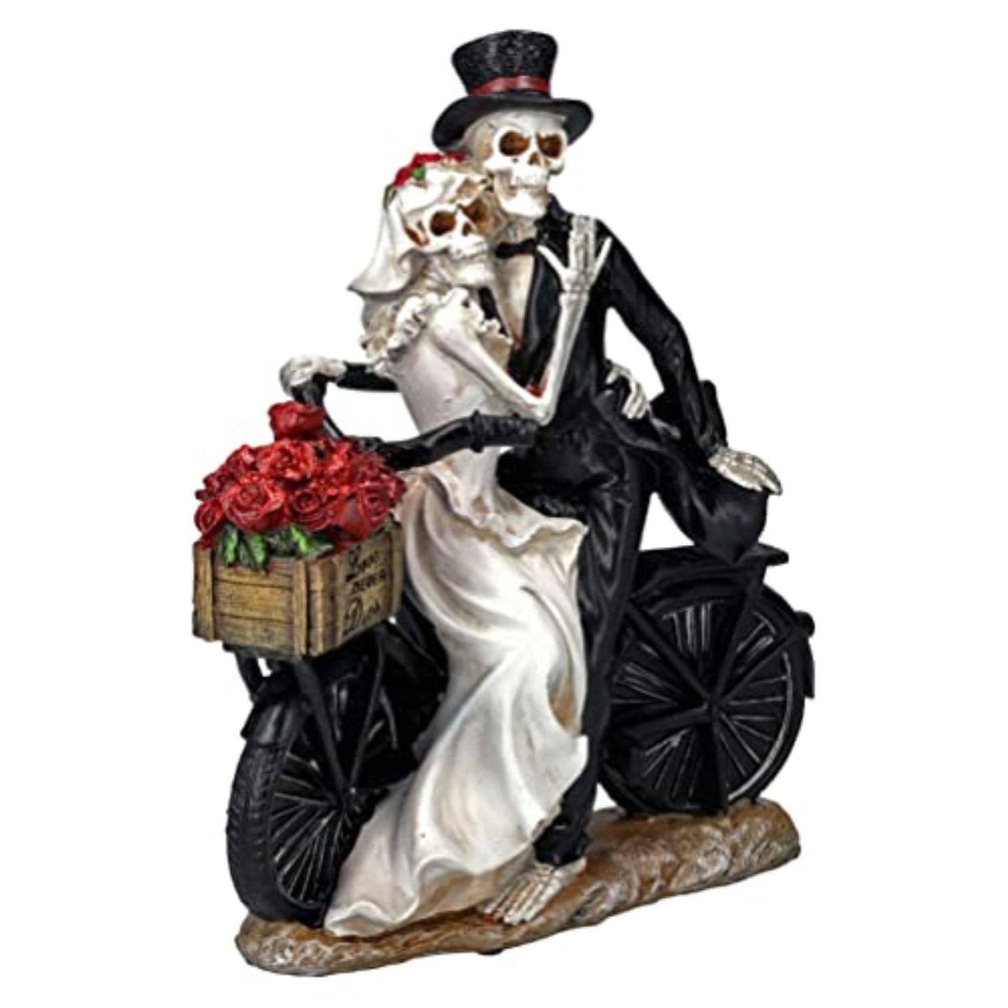 Love Never Dies Newly Wed Skeleton Couple Rose Basket Bike Statue 12.2 inches Tall