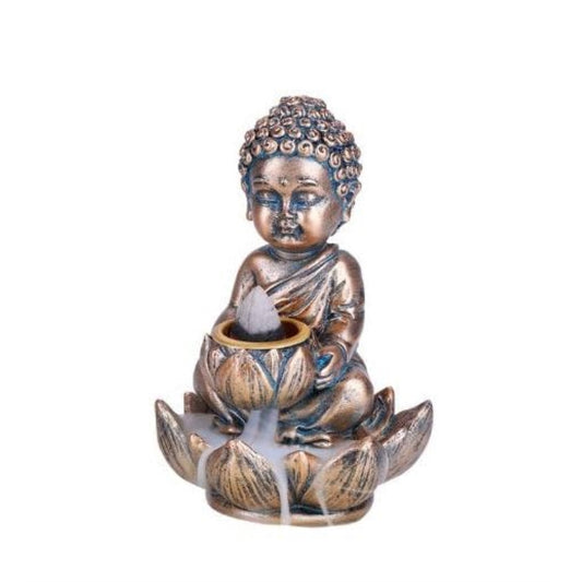 Zen Collection Mini Monk Buddha Backflow Incense Holder Burner Lotus Flower Design with Waterfall Effect Resin