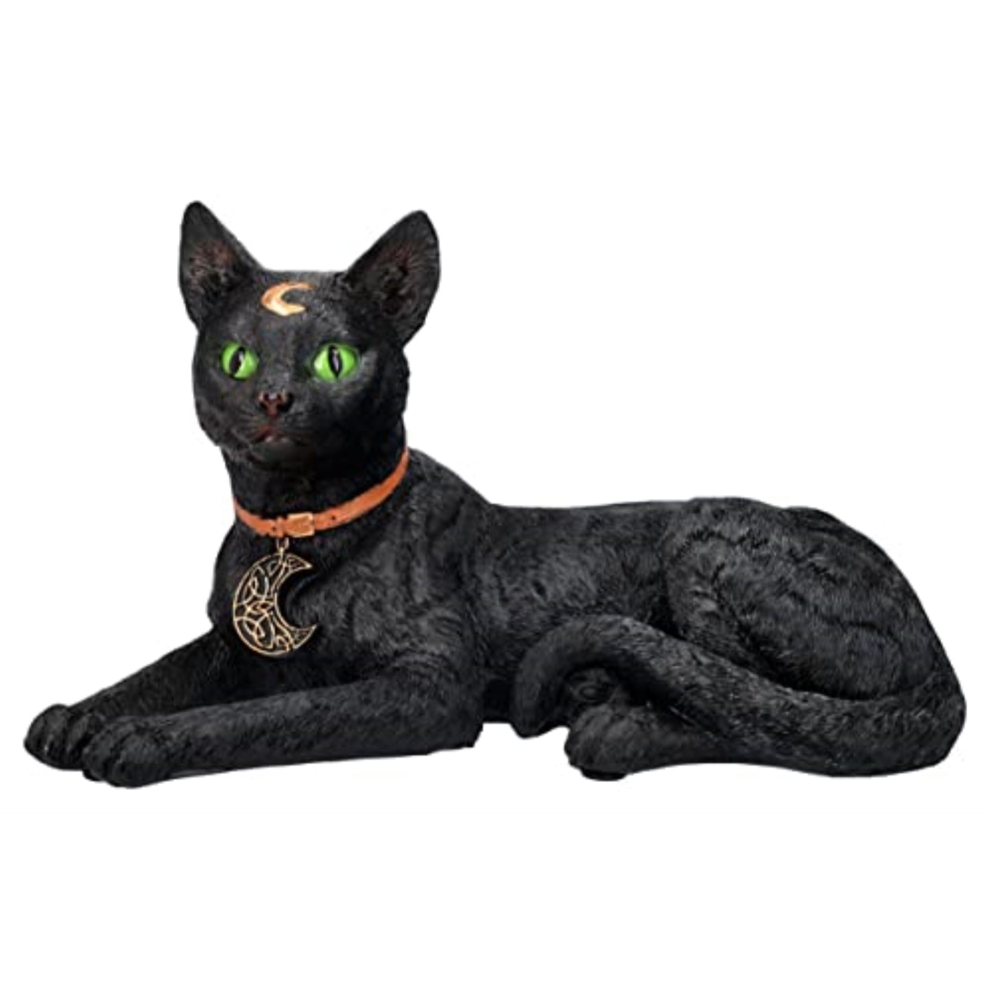 Realistic Black Cat Laying Sculpture with Crescent Moon and Wicca Charm  Figurine 7 inch Tall