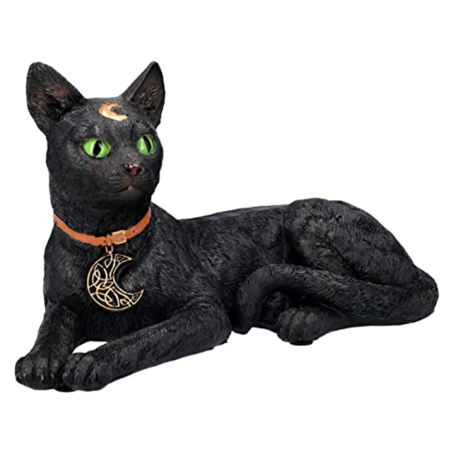 Realistic Black Cat Laying Sculpture with Crescent Moon and Wicca Charm  Figurine 7 inch Tall