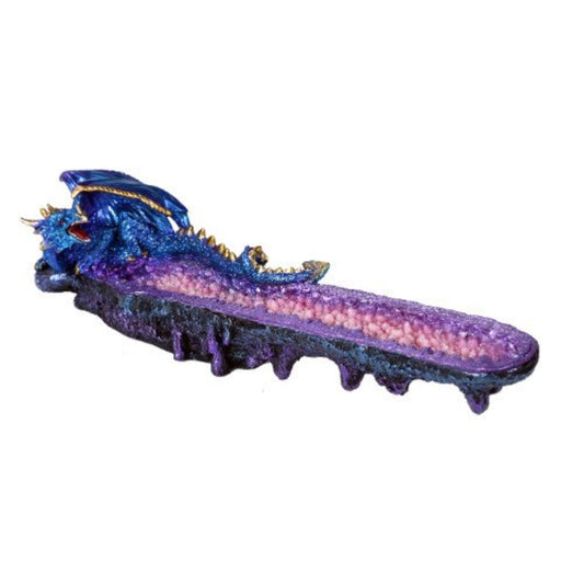 Blue Dragon on Amethyst Gemstone Quartz Stick Incense Burner Medieval Fantasy 10.75 Inch L