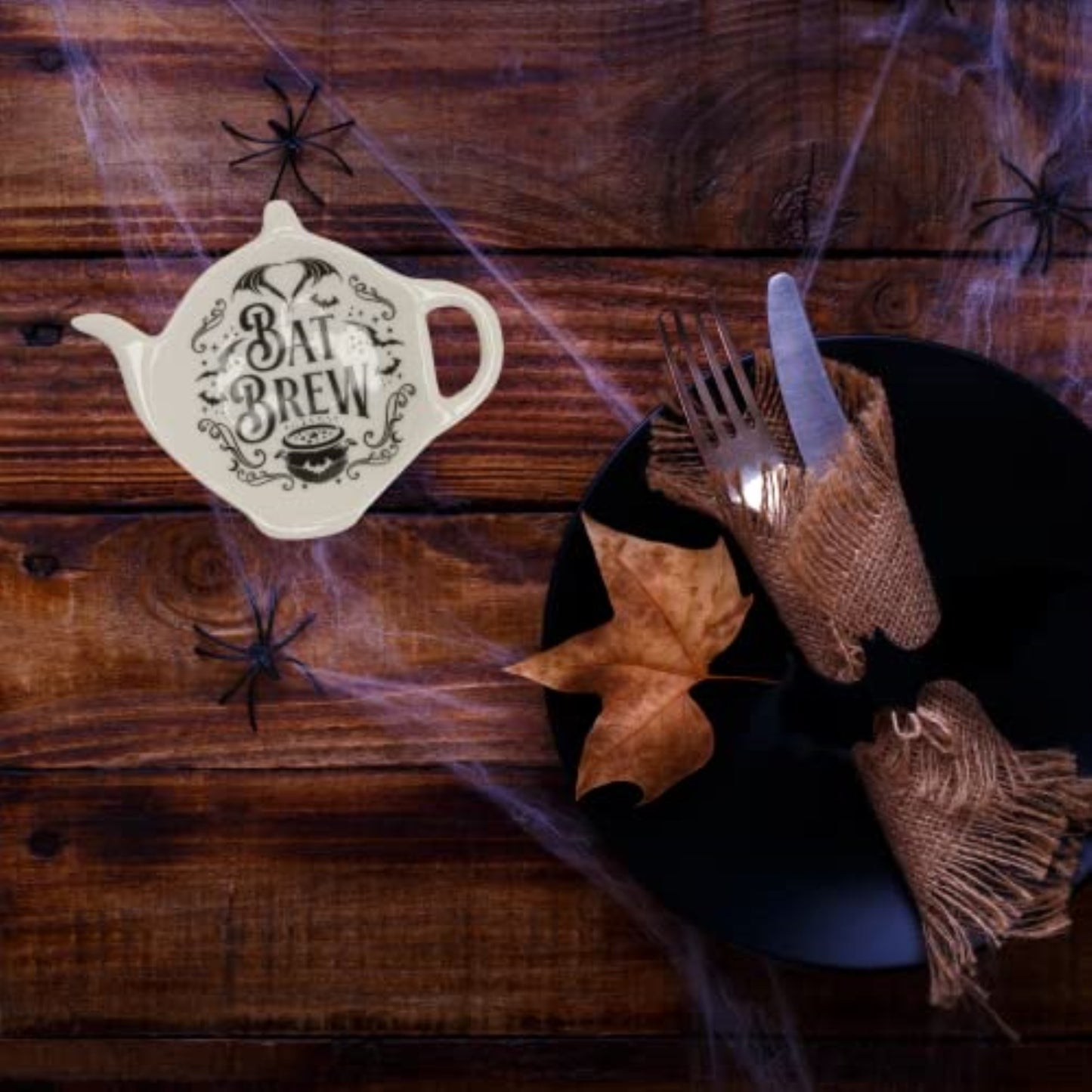 Bat Crew Spooky Ceramic Spoon Holder, Black, Tea or Coffee Time
