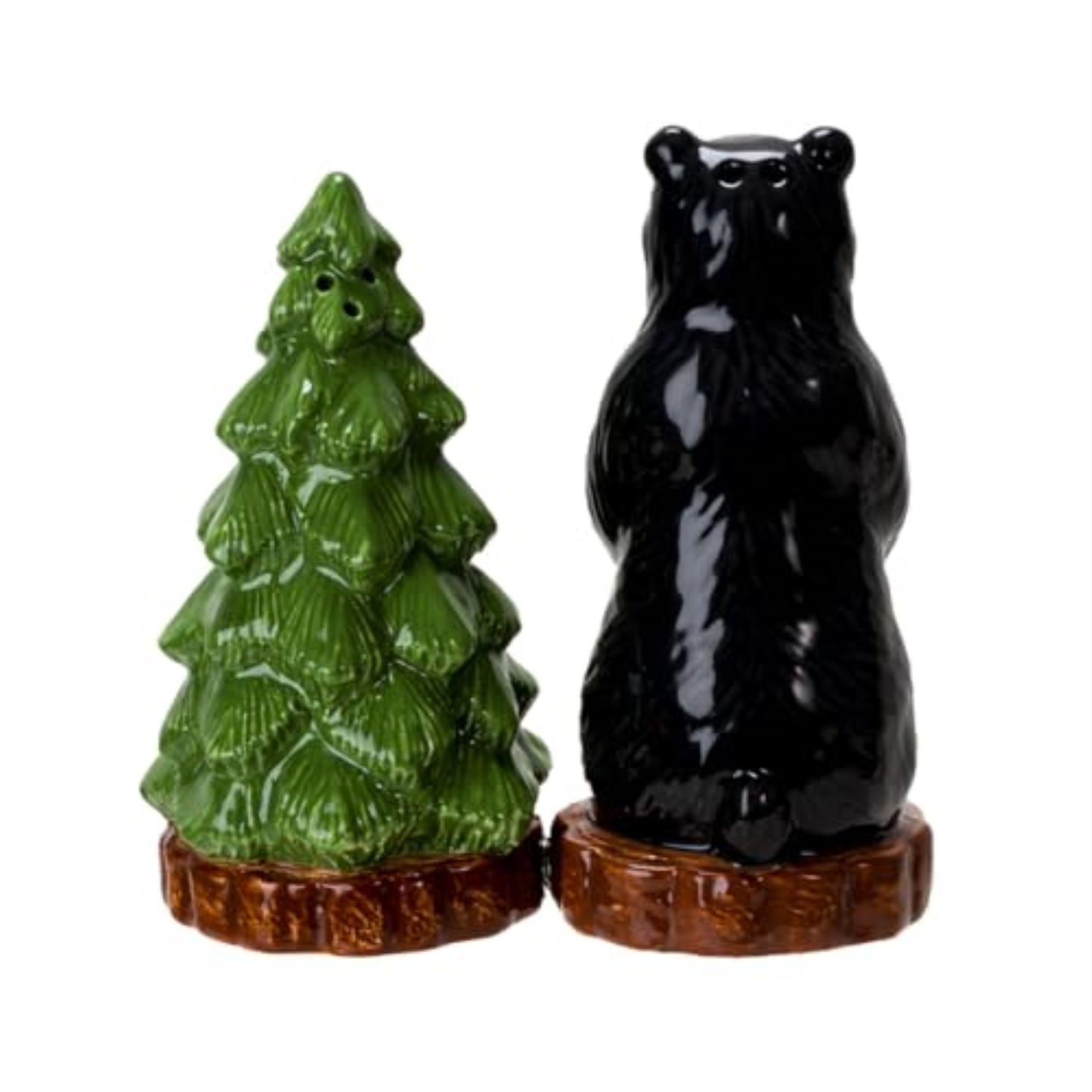 Forest Retreat Black Bear and Tree Ceramic Magnetic Salt and Pepper Shaker Set