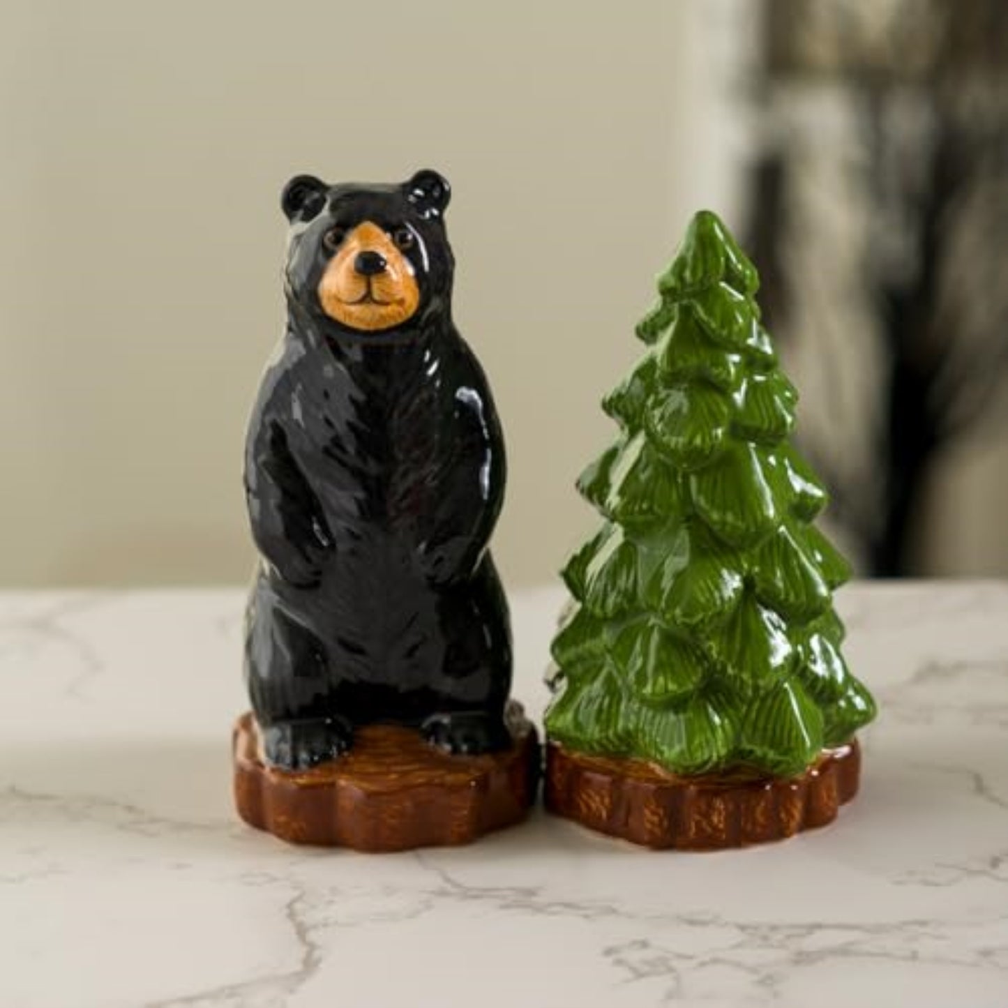 Forest Retreat Black Bear and Tree Ceramic Magnetic Salt and Pepper Shaker Set