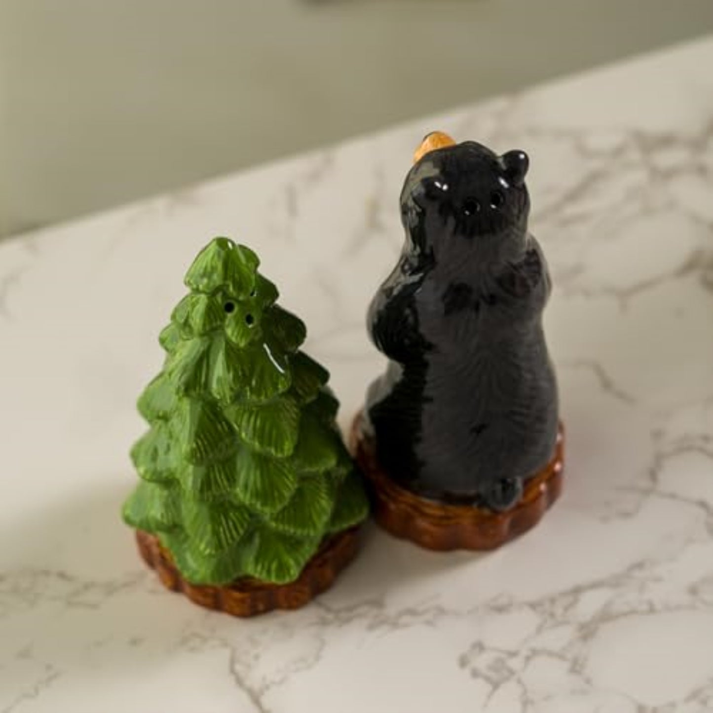 Forest Retreat Black Bear and Tree Ceramic Magnetic Salt and Pepper Shaker Set