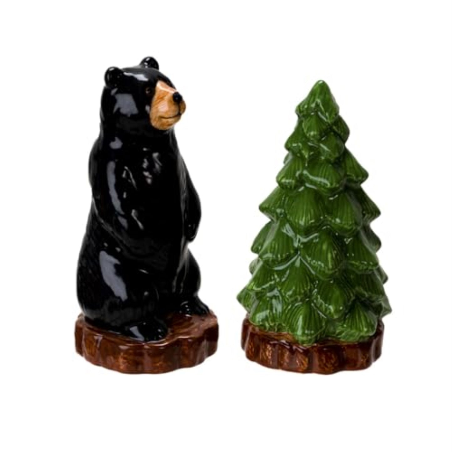 Forest Retreat Black Bear and Tree Ceramic Magnetic Salt and Pepper Shaker Set
