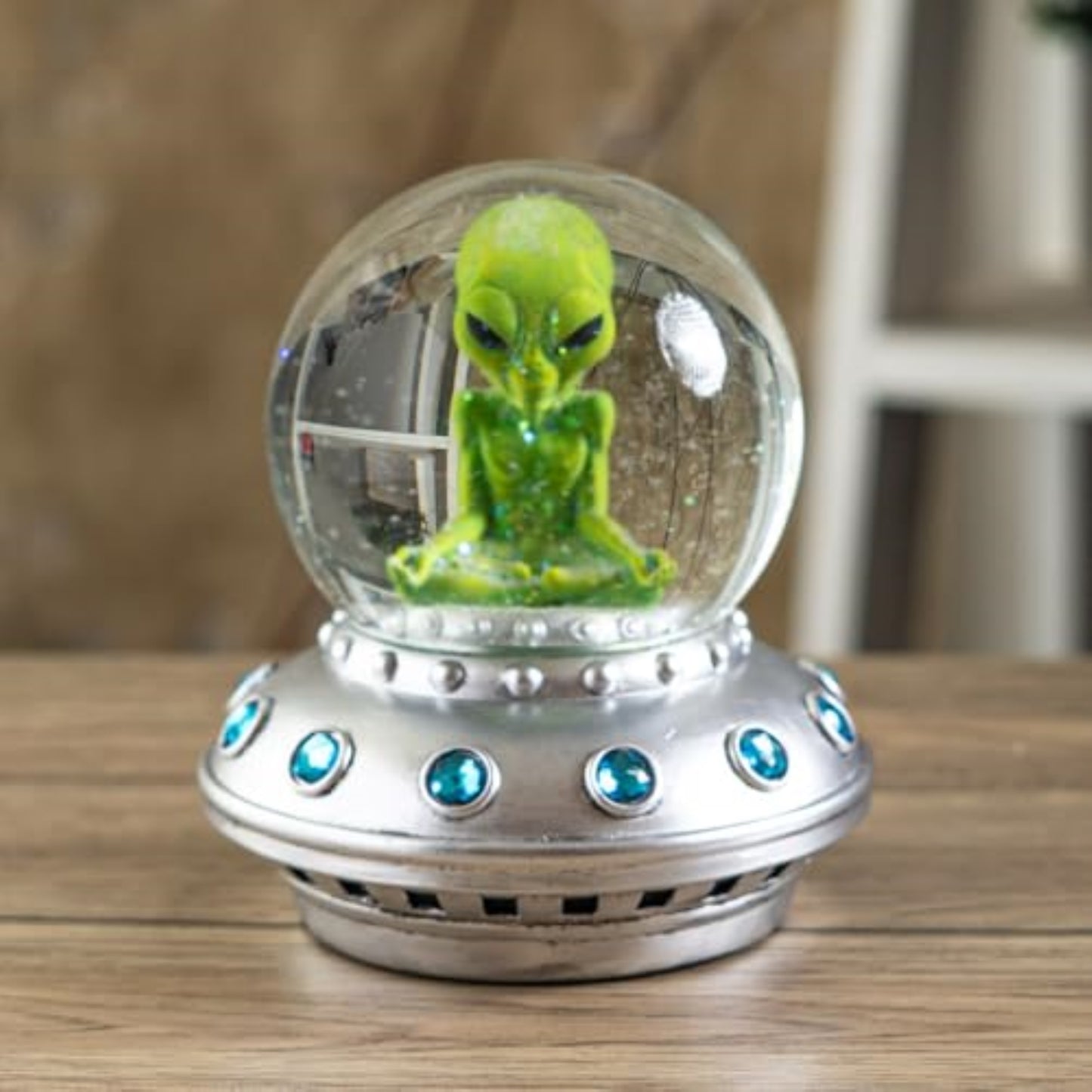 Green Alien Meditating Water Globe Sci-fi with a Calming Spiritual Theme 4.5 x 6.25 inch