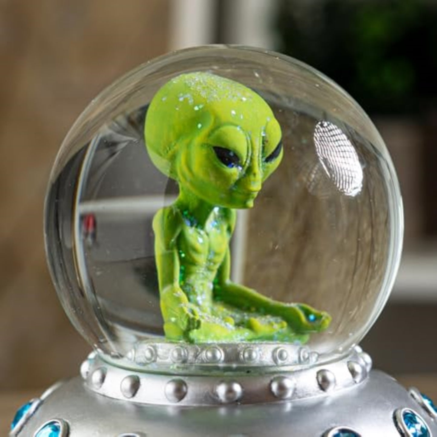 Green Alien Meditating Water Globe Sci-fi with a Calming Spiritual Theme 4.5 x 6.25 inch