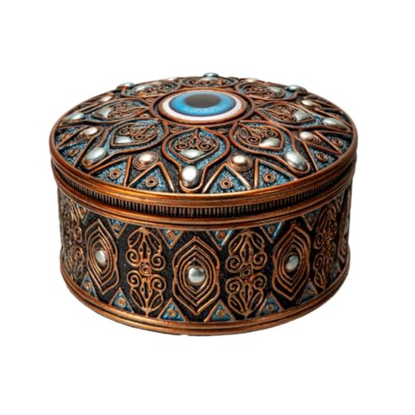 Evil Eye Round Resin Jewelry Trinket Keepsake Box Ancient Middle Eastern Design