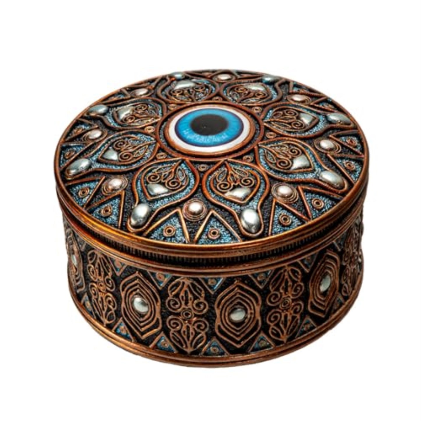Evil Eye Round Resin Jewelry Trinket Keepsake Box Ancient Middle Eastern Design
