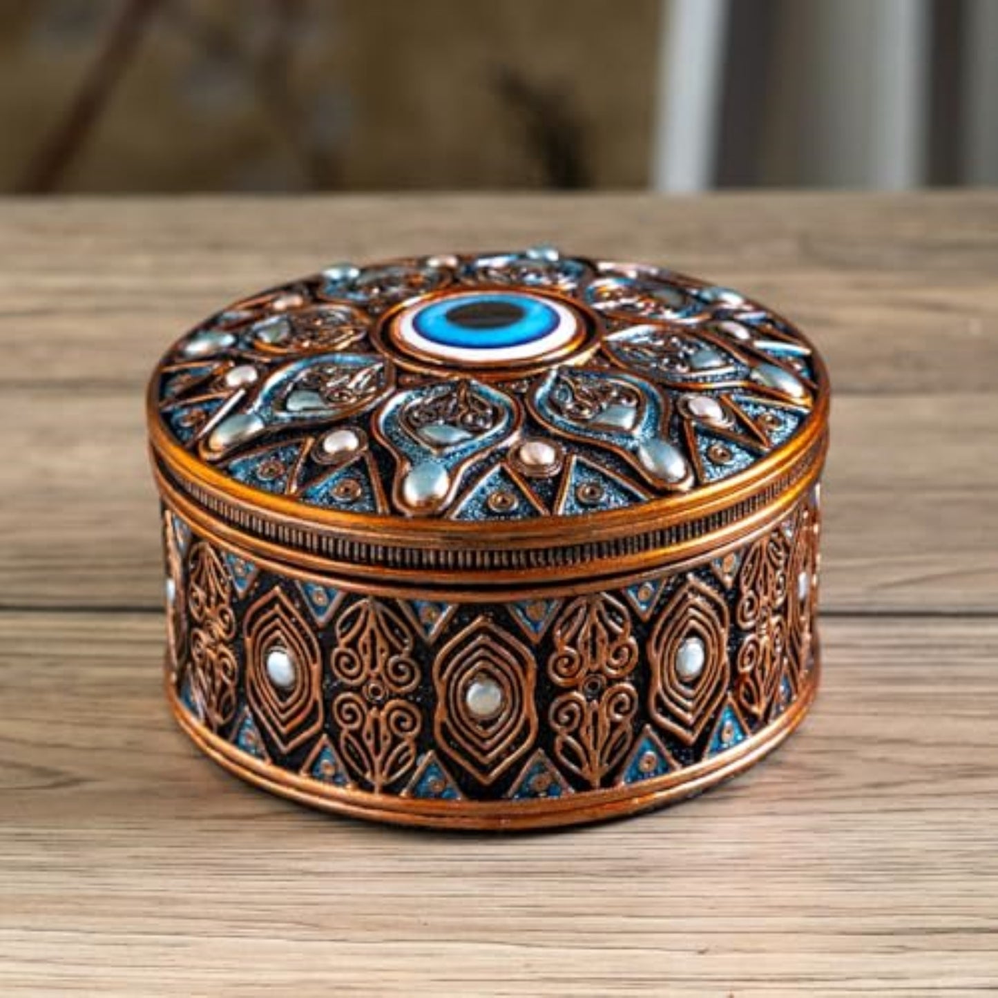 Evil Eye Round Resin Jewelry Trinket Keepsake Box Ancient Middle Eastern Design
