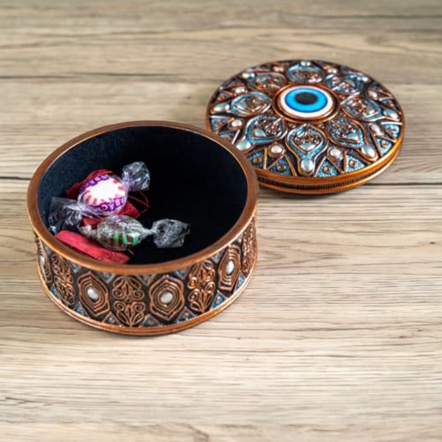 Evil Eye Round Resin Jewelry Trinket Keepsake Box Ancient Middle Eastern Design
