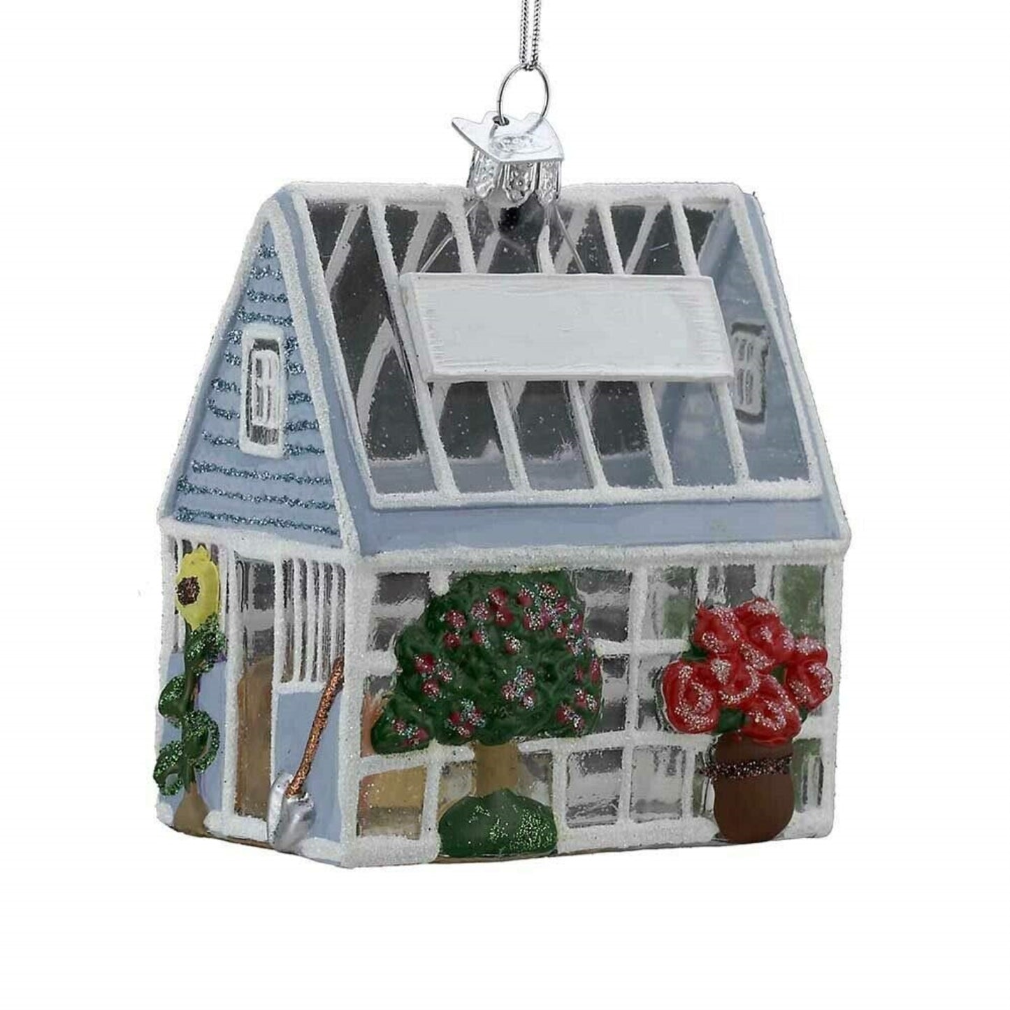 Kurt Adler Noble Gems Greenhouse with Plants and Flowers Glass Christmas Tree Ornament 3.25 inch