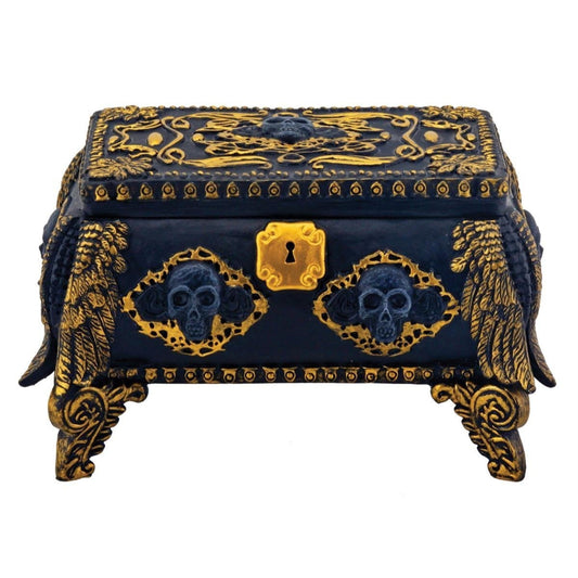 Gold and Black Skull Jewelry Trinket Keepsake Holder Box Container with Mirror Inside 4 x 2.25 inch