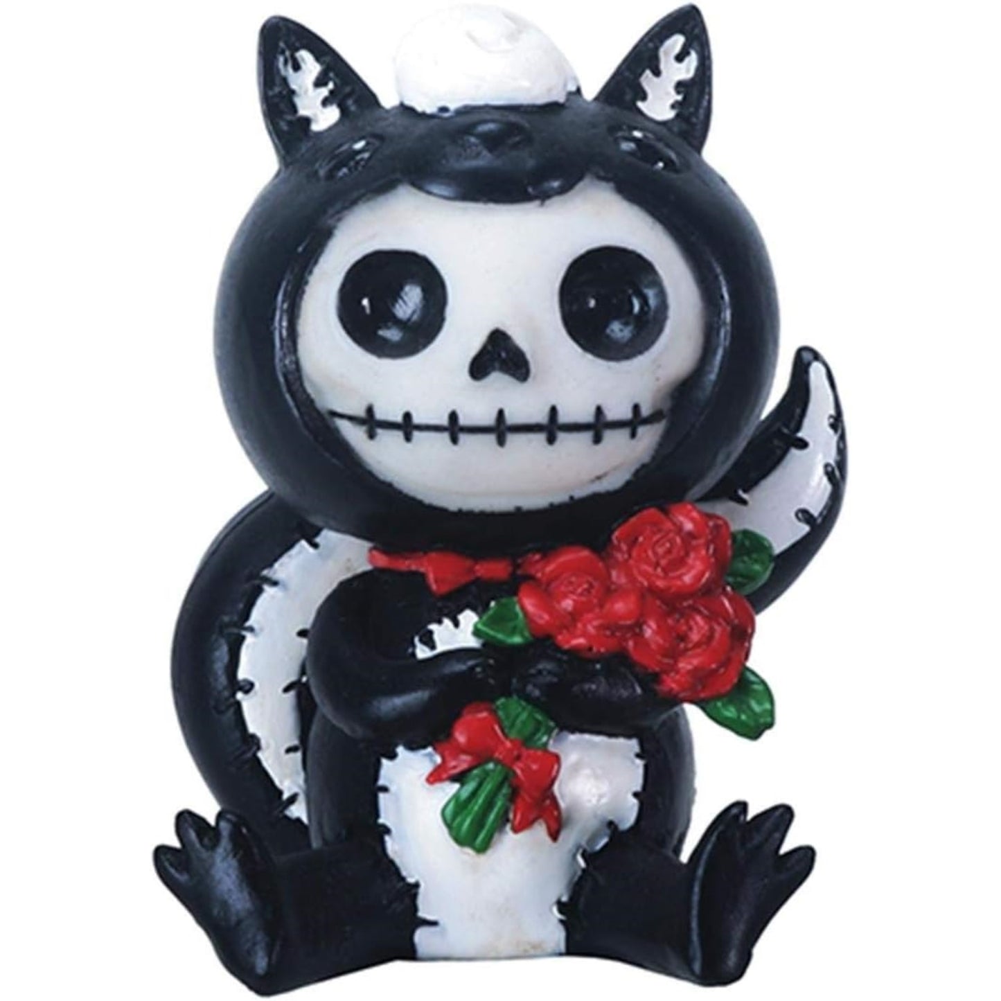 Furrybones Odo Skeleton in Skunk Costume Holding Roses Halloween Figurine