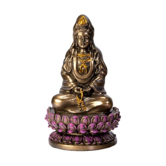 Small Sitting Lotus Kuan Yin Bronze Color Resin Statue Figurine 3.4 inch