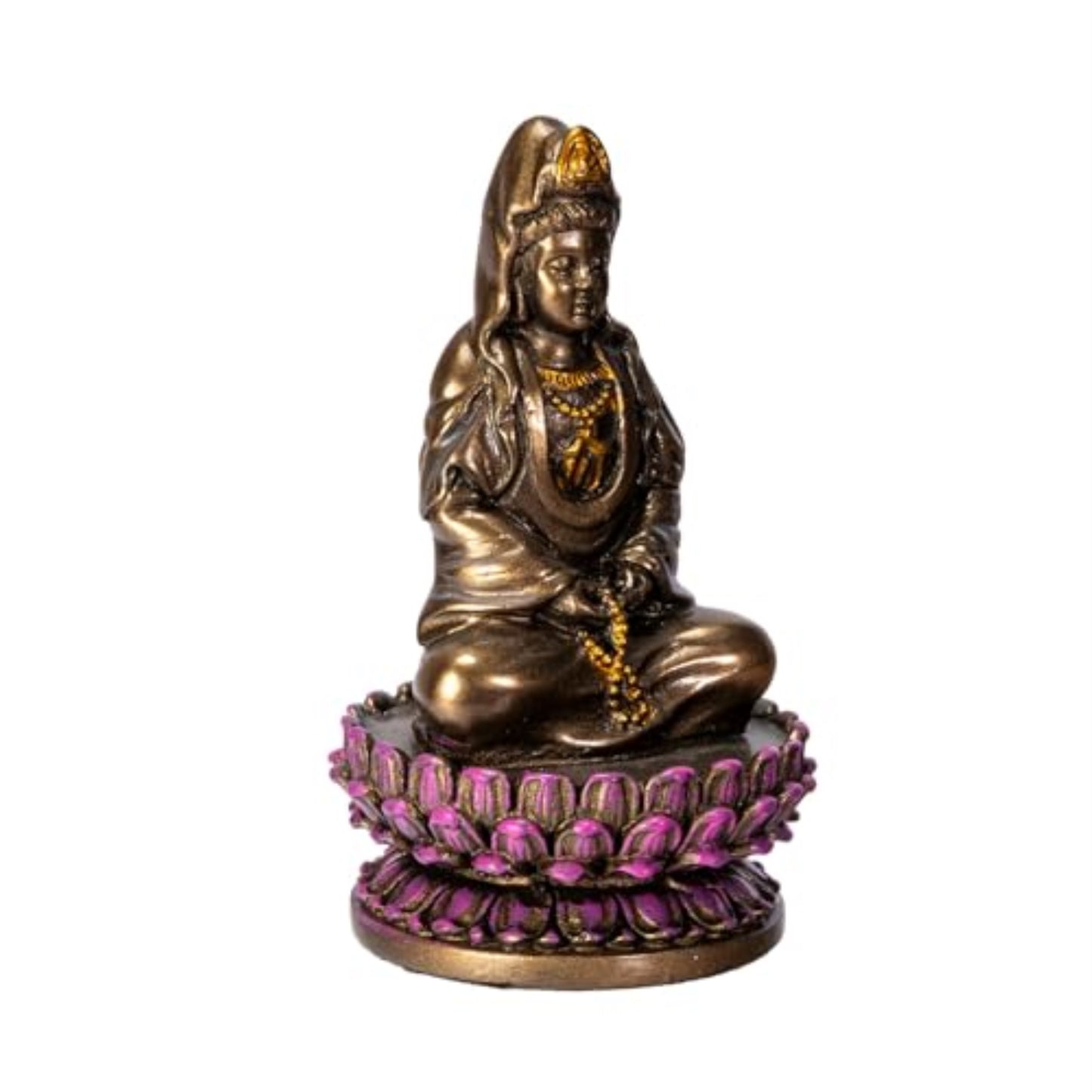 Small Sitting Lotus Kuan Yin Bronze Color Resin Statue Figurine 3.4 inch