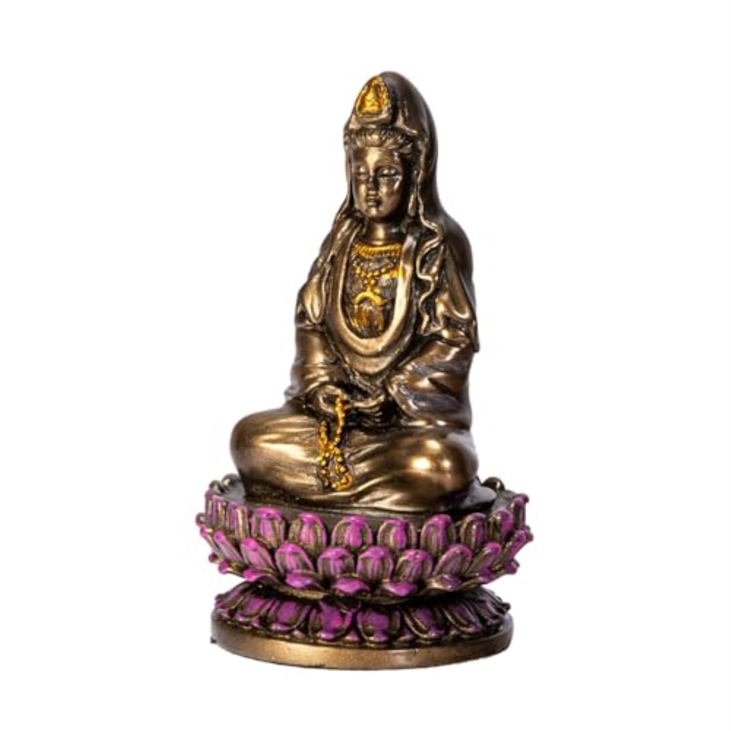 Small Sitting Lotus Kuan Yin Bronze Color Resin Statue Figurine 3.4 inch