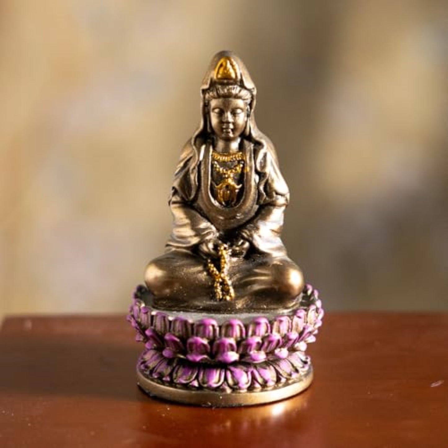 Small Sitting Lotus Kuan Yin Bronze Color Resin Statue Figurine 3.4 inch