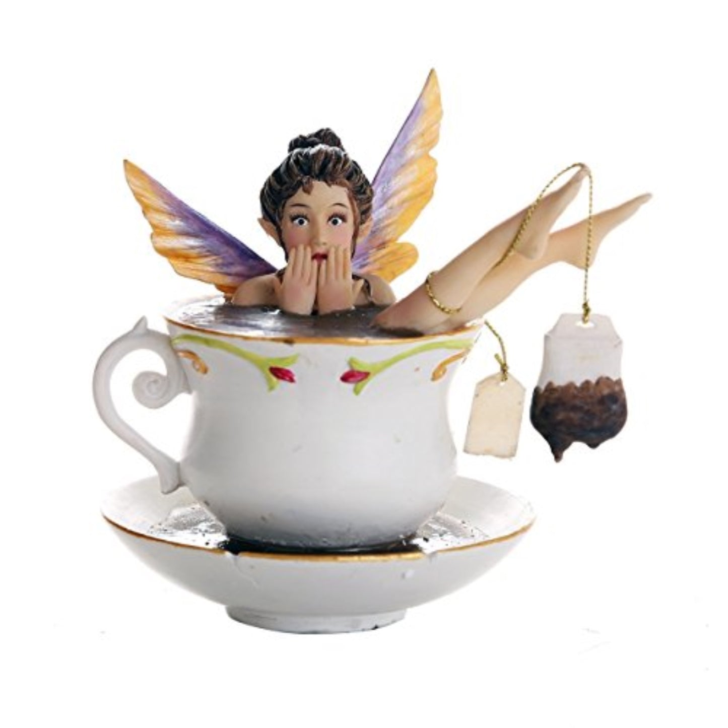 Whimsical Fairy Enjoying Bath in Tea Cup Collectible Figurine 5.75 inch