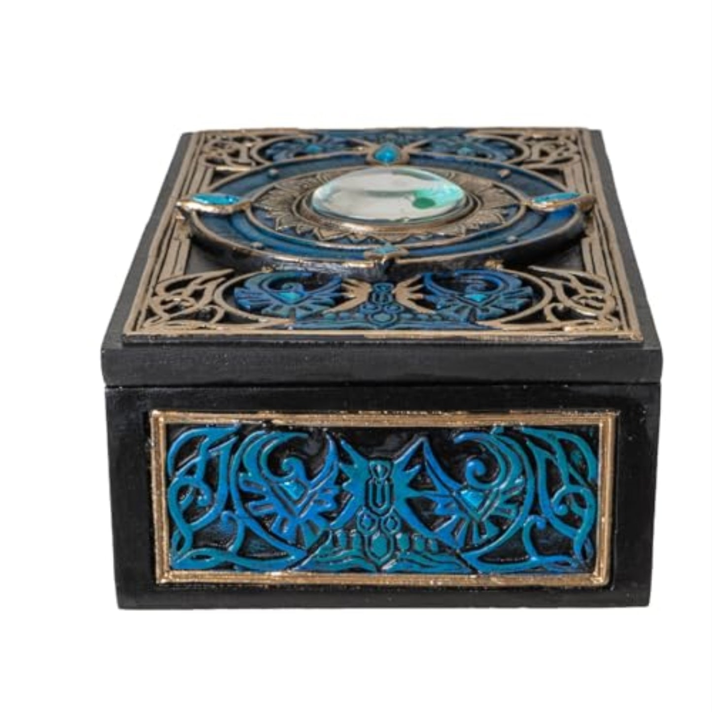 All Seeing Eye Tarot Box with Intricate Blue Accents and Crystal Inlay for Tarot Cards Jewelry or Keepsake Storage