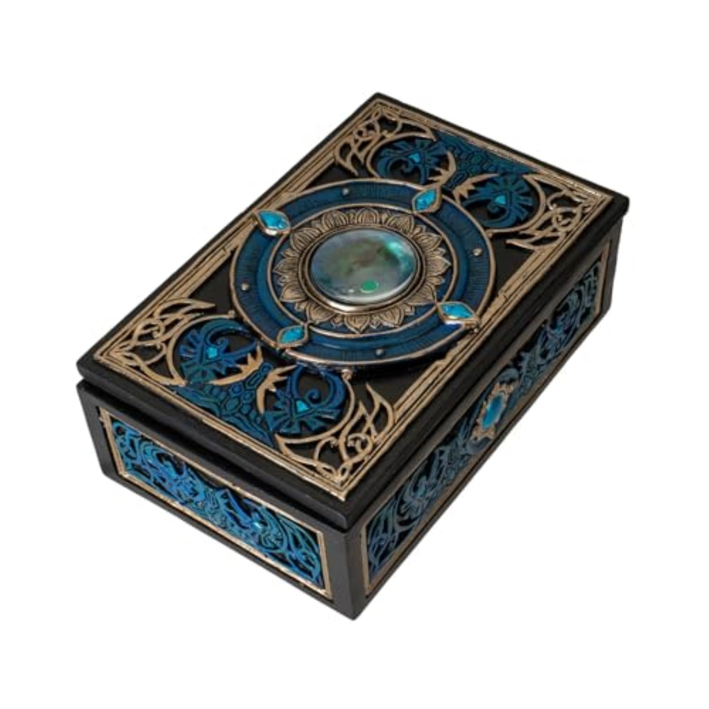 All Seeing Eye Tarot Box with Intricate Blue Accents and Crystal Inlay for Tarot Cards Jewelry or Keepsake Storage