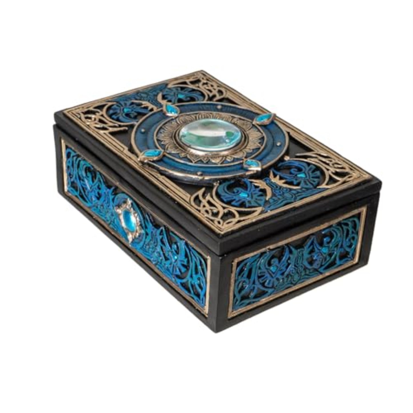 All Seeing Eye Tarot Box with Intricate Blue Accents and Crystal Inlay for Tarot Cards Jewelry or Keepsake Storage