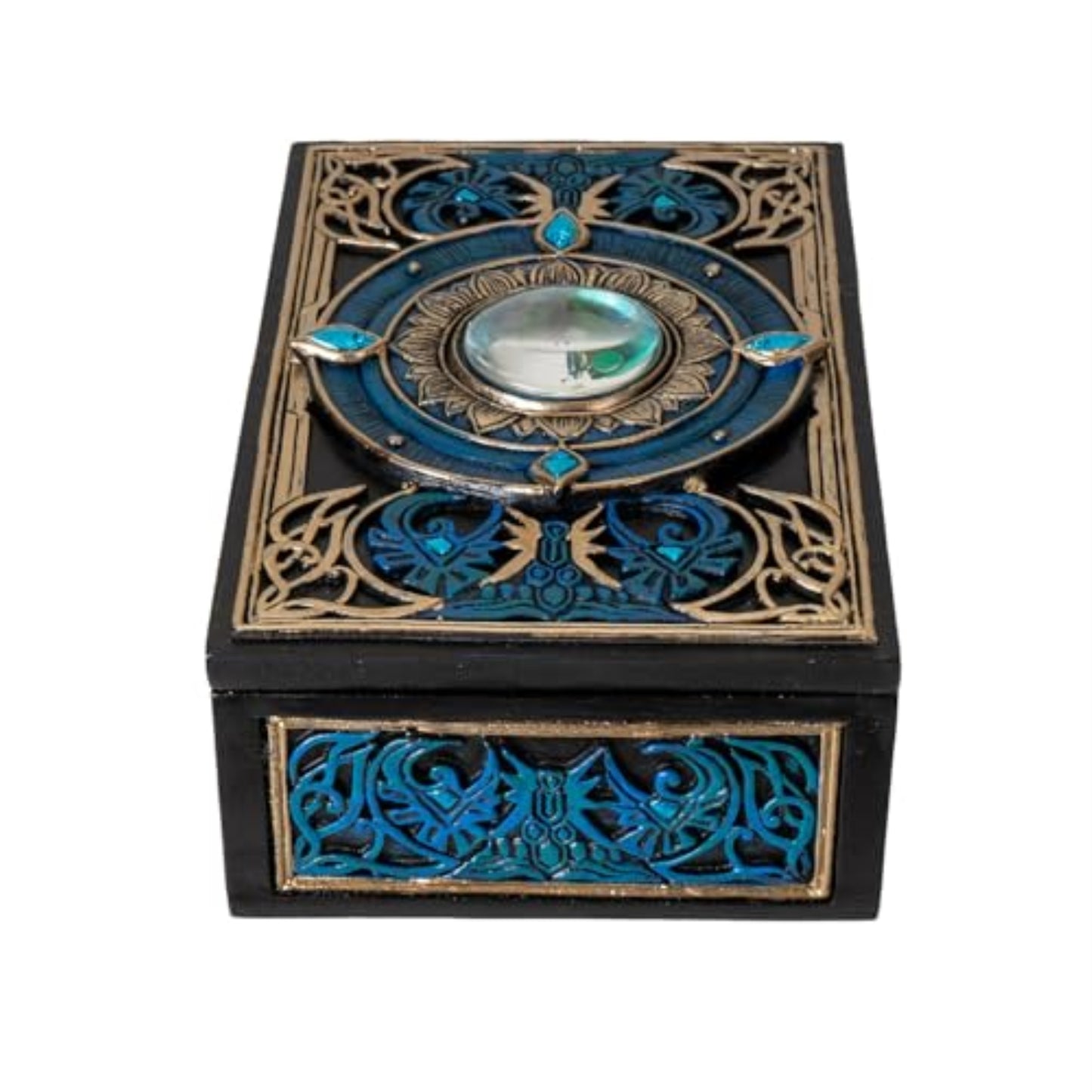 All Seeing Eye Tarot Box with Intricate Blue Accents and Crystal Inlay for Tarot Cards Jewelry or Keepsake Storage