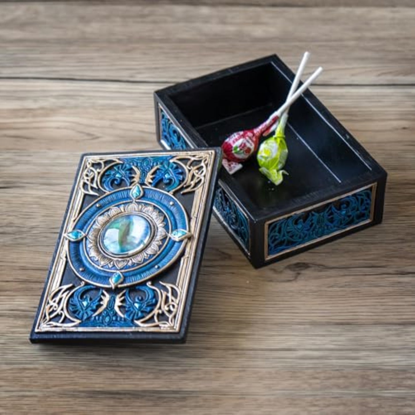 All Seeing Eye Tarot Box with Intricate Blue Accents and Crystal Inlay for Tarot Cards Jewelry or Keepsake Storage