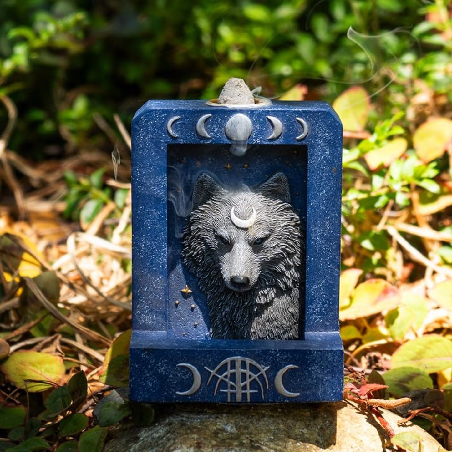 Moon Phase Wolf Backflow Incense Burner for Spiritual Home Decor 4 inch