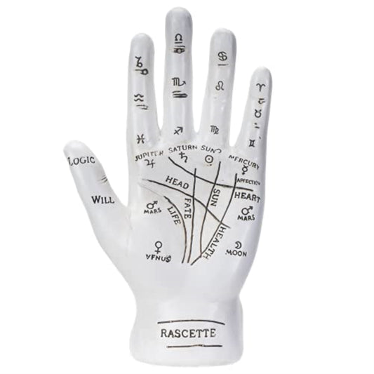 White Fortune Teller Palm Psychic Palmistry Hand Divination Diagram Mystical Polyresin Figurine 7.25 inch