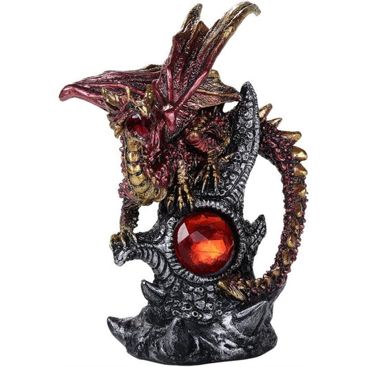 Medieval Fantasy Guardian Dragon Protecting Red Gemstone Fantasy Figurine 8 inch