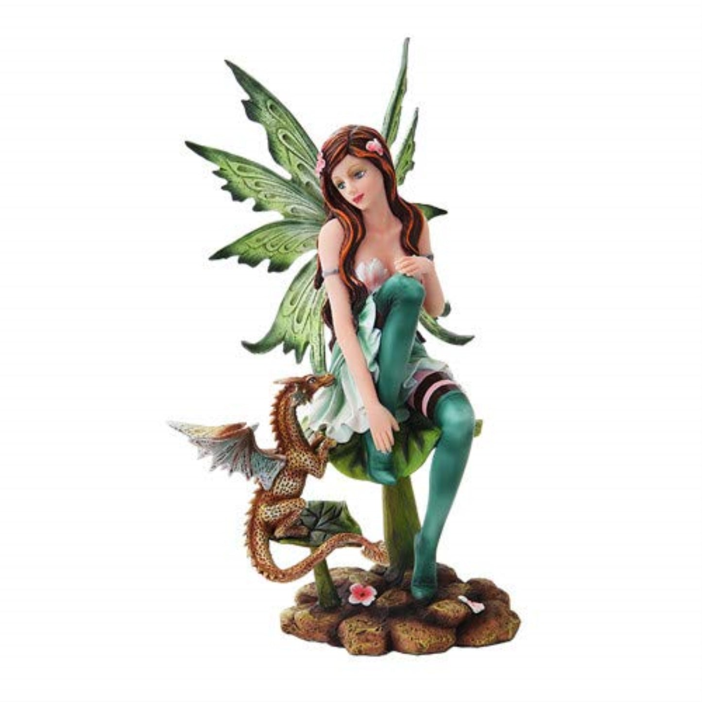 Green Winged Fairy Sitting with Baby Dragon Statue Figurine 10 inch