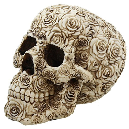 Ornate Rose Flower Human Skull Figurine