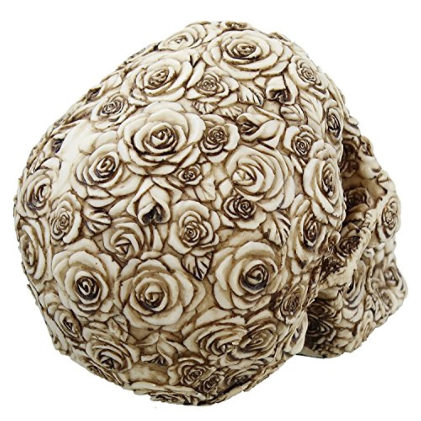 Ornate Rose Flower Human Skull Figurine