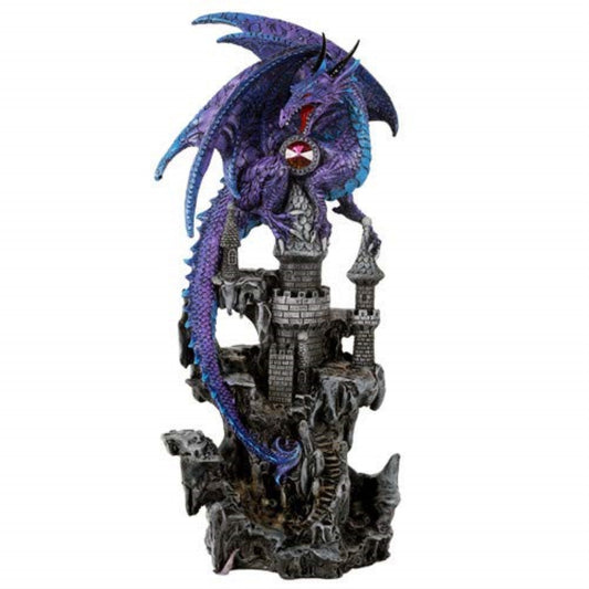 Purple Guardian Dragon Protecting Castle with Rhinestone Rock Crystal Figurine 11.75 inch
