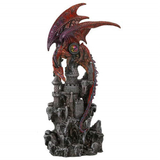 Red Guardian Dragon Protecting Castle with Rhinestone Rock Crystal Figurine 12.75 inch