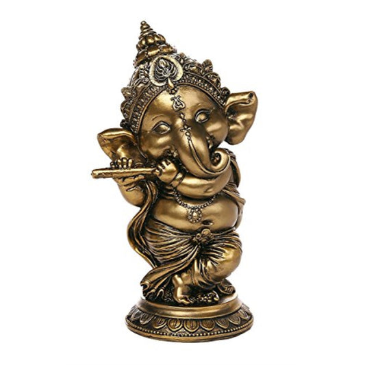 Ganesha The Hindu Elephant Deity Playing Flute Figurine Sculpture 6 inch