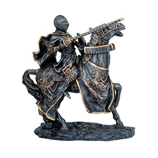 Medieval Fantasy Calvary Knight on Battle Horse Ready for Jousting Gray Finish with Gold Accent Figurine 10 x 10.6 inch