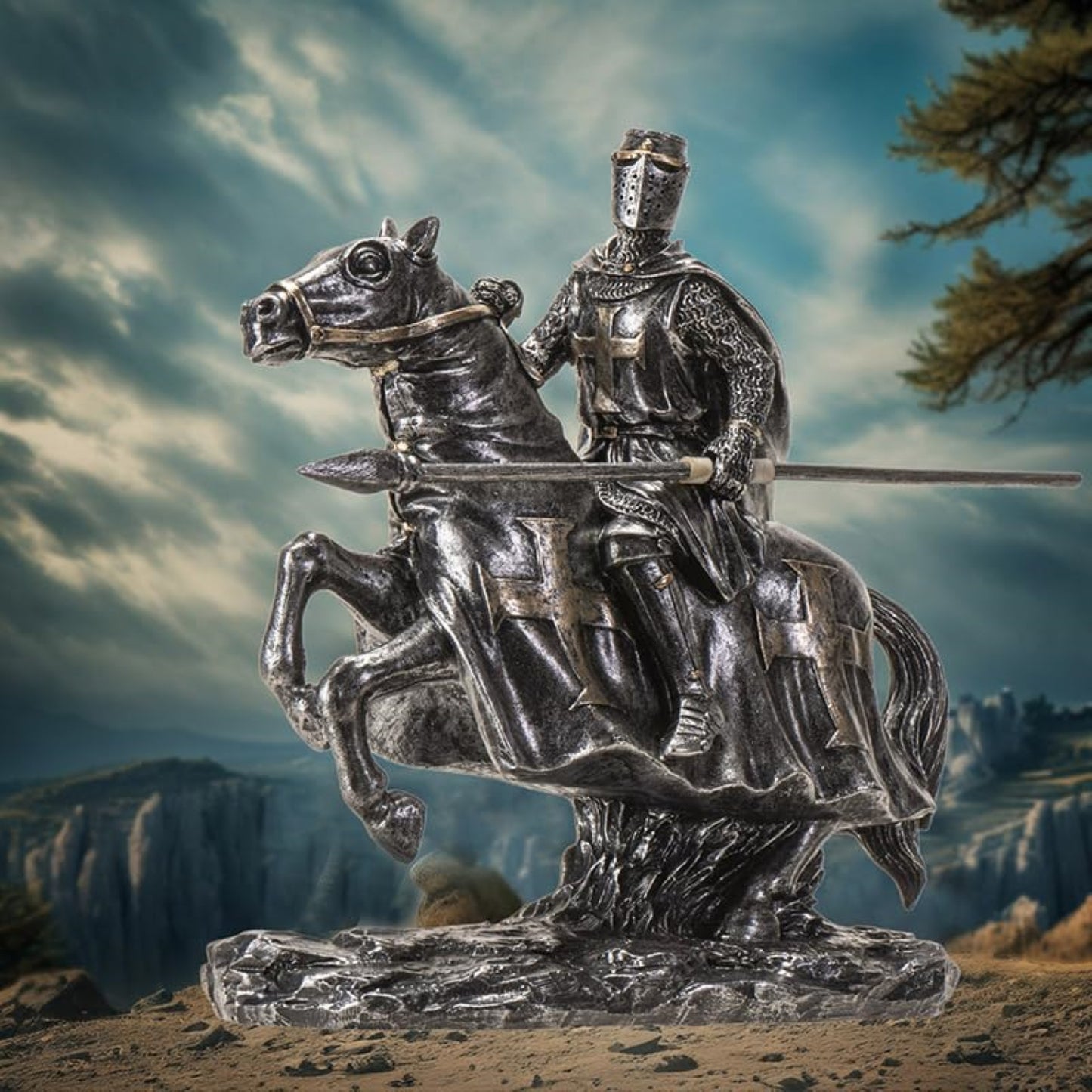 Medieval Knight on Horse with Lance and Armor Resin Statue Figurine 6 inch