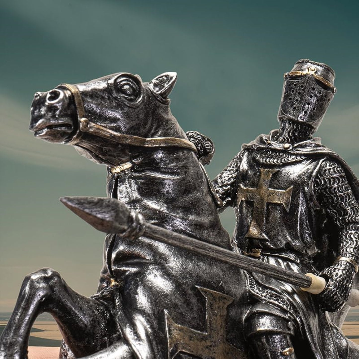 Medieval Knight on Horse with Lance and Armor Resin Statue Figurine 6 inch