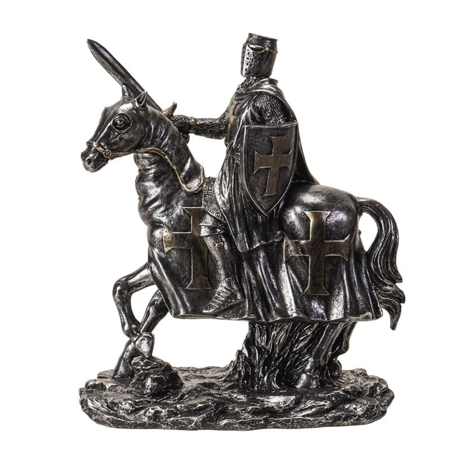 Medieval Knight on Horseback with Sword and Shield Figurine Armor and Cross Emblems 8 inch
